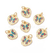 Rack Plating Brass Enamel Pendants, with Jump Rings, Cadmium Free & Lead Free & Nickle Free, Nuggets with Butterfly, Real 18K Gold Plated, 12.5x11x1.5mm, Hole: 3.4mm(KK-I689-10G)