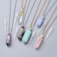 Natural Gemstone Perfume Bottle Pendant Necklaces, with Stainless Steel Box Chain and Plastic Dropper, Hexagonal Prism, Mixed Color, 27.4 inch~27.5 inch(69.5~69.9cm), Bottle Capacity: 0.15~0.3ml(0.005~0.01 fl. oz)(NJEW-F251-09)