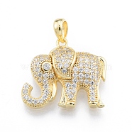 Ion Plating(IP) Brass Micro Pave Clear Cubic Zirconia Pendants, Real 18K Gold Plated, Elephant, Clear, 18x20x5mm, Hole: 5x3mm(KK-C006-01A-G)