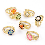 Alloy Enamel Wide Band Rings, Cadmium Free & Lead Free, Light Gold, Flower, Mixed Color, US Size 6 3/4(17.1mm)(RJEW-N034-012-RS)
