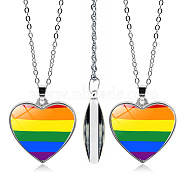 Pride Rainbow Flag Glass Heart Pendant Necklace, with Alloy Cable Chains, Colorful, 17.72 inch(45cm)(PW-WG21341-01)