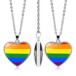 Pride Rainbow Flag Glass Heart Pendant Necklace, with Alloy Cable Chains, Colorful, 17.72 inch(45cm)(PW-WG21341-01)