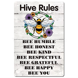 Tinplate Sign Poster, Vertical, for Home Wall Decoration, Rectangle with Word Hive Rules, Bees Pattern, 300x200x0.5mm(AJEW-WH0157-463)