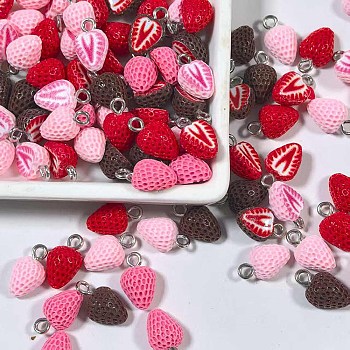 Opaque Resin Pendants, Strawberry Charm, with Platinum Iron Loops, Mixed Color, 14x8.5x6.5mm, Hole: 2mm