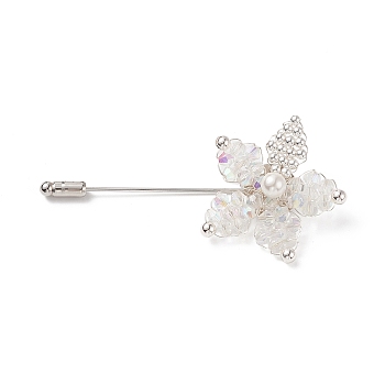 Glass Braided Bead Flower with Shell Pearl Lapel Pin, Brass Safety Pin Brooch for Suit Tuxedo Corsage Accessories, Platinum, 75mm