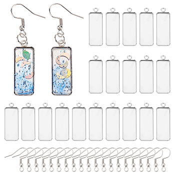 DIY Dangle Earring Making, with 304 Stainless Steel Pendant Cabochon Settings and 304 Stainless Steel Earring Hooks, Rectangle, Stainless Steel Color, Tray: 10x25mm, 30x11x2mm, Hole: 2mm, 20x19x3mm, Hole: 2mm, Pin: 0.7mm