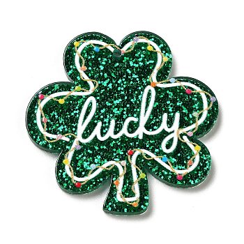 Saint Patrick's Day Theme Acrylic Pendants, with Glitter Powder, Clover, 37x37.5x2mm, Hole: 1.6mm