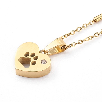 304 Stainless Steel Heart with Dog Paw Print Pendant Necklaces, with Rhinestone and Cable Chains, Golden, 17.32 inch(44cm)