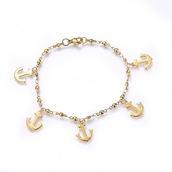 304 Stainless Steel Charm Bracelets, with Lobster Claw Clasps, Anchor, Golden, 8-1/4 inch(21cm), 3mm