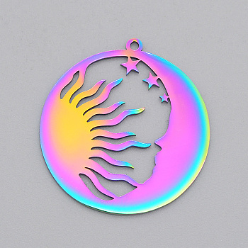 Ion Plating(IP) 201 Stainless Steel Pendants, Laser Cut, Sun & Moon, Rainbow Color, 32x30x1mm, Hole: 1.5mm