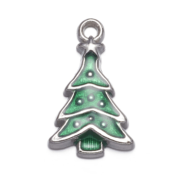 Alloy Enamel Pendants, Lead Free and Cadmium Free, Christmas Tree, Platinum Color, Medium Sea Green, about 23.5mm long, 14mm wide, 3.5mm thick, hole: 2mm