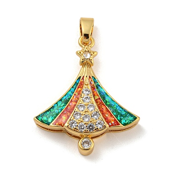 Christmas Brass Micro Pave Cubic Zirconia Pendant, with Synthetic Opal, Christmas Tree, FireBrick, 29x24.5x5.5mm, Hole: 5x3mm