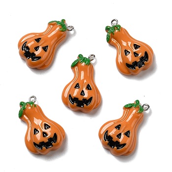 Halloween Opaque Resin Pendants, with Platinum Tone Iron Loops, Pumpkin with Evil Face, Orange, 30.5x19x7.5mm, Hole: 2mm