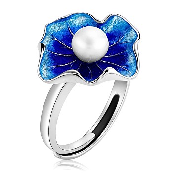 Natural Pearl Beaded Lotus Leaf Adjustable Ring with Enamel, Rhodium Plated 925 Sterling Silver Jewelry Gift for Women, Blue, US Size 7 3/4(17.9mm)