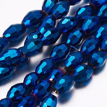 Full Plated Glass Faceted Rice Beads Strands, Blue Plated, 6x4mm, Hole: 1mm, about 72pcs/strand, 16 inch