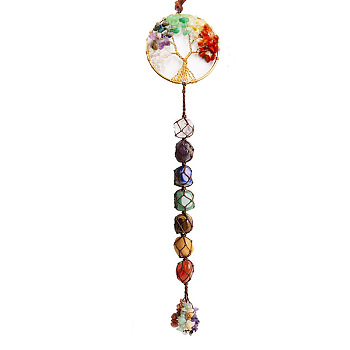 Chakra Theme Big Pendant Decorations, Hand Knitting with Natural Gemstone Beads and Stone Chips Tassel, Flat Round with Tree of Life, Golden, 35cm