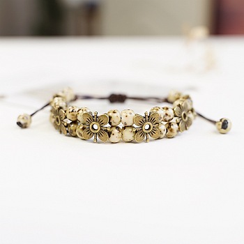 Alloy & Handmade Porcelain Bead Braided Bead Bracelets, Braided Wax Cord Adjustable Bracelets for Women, Flower, Antique Bronze, Cornflower Blue, 5.91~9.84 inch(15~25cm)