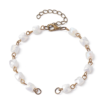 Square Faceted Glass Beaded Link Chain Bracelet Making, with Lobster Claw Clasp, Fit for Connector Charms, White, 6-1/4~6-3/8 inch(15.8~16.2cm)