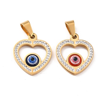 304 Stainless Steel Pendants, with Polymer Clay Rhinestone and Evil Eye Resin Round Beads, 201 Stainless Steel Bails, Heart, Mixed Color, 20x17x3.7mm, Hole: 3.5x6.7mm