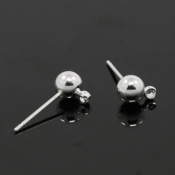 Brass Ball Post Ear Studs, with Loop, Silver, 15.2~15.7x5mm, Hole: 1mm, Pin: 0.7mm