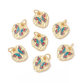 Rack Plating Brass Enamel Pendants, with Jump Rings, Cadmium Free & Lead Free & Nickle Free, Nuggets with Butterfly, Real 18K Gold Plated, 12.5x11x1.5mm, Hole: 3.4mm