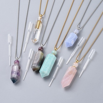 Natural Gemstone Perfume Bottle Pendant Necklaces, with Stainless Steel Box Chain and Plastic Dropper, Hexagonal Prism, Mixed Color, 27.4 inch~27.5 inch(69.5~69.9cm), Bottle Capacity: 0.15~0.3ml(0.005~0.01 fl. oz)