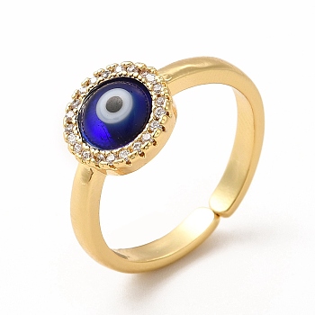 Lampwork Evil Eye Open Cuff Ring with Clear Cubic Zirconia, Real 18K Gold Plated Brass Jewelry for Women, Blue, Inner Diameter: 17mm