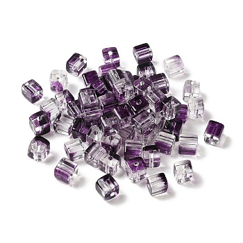 Two Tone Transparent Glass Beads, Cube, Purple, 6x6x7mm, Hole: 1.4mm, about 500pcs/bag