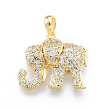 Ion Plating(IP) Brass Micro Pave Clear Cubic Zirconia Pendants, Real 18K Gold Plated, Elephant, Clear, 18x20x5mm, Hole: 5x3mm