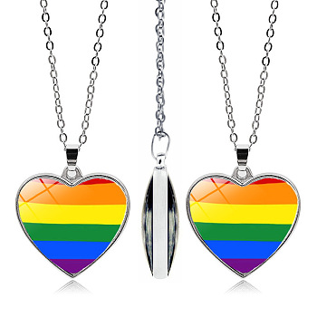 Pride Rainbow Flag Glass Heart Pendant Necklace, with Alloy Cable Chains, Colorful, 17.72 inch(45cm)