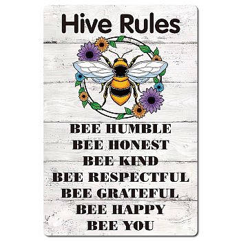 Tinplate Sign Poster, Vertical, for Home Wall Decoration, Rectangle with Word Hive Rules, Bees Pattern, 300x200x0.5mm