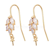 Brass Micro Pave Cubic Zirconia Earring Hooks, for Half Drilled Beads, Long-Lasting Plated, Leaf, Clear, Real 18K Gold Plated, 24mm, 21 Gauge, Pin: 0.7mm(KK-K244-40G)