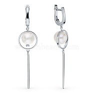 Rhodium Plated 925 Sterling Silver Geometric Dangle Hoop Earring, with Pearl Round Beads, Platinum, 65mm(NJ2624)