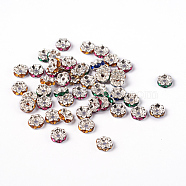 Brass Acrylic Rhinestone Spacer Beads, Wavy Edge, Silver Color Plated, Rondelle, Mixed Color, 7x3.2mm, Hole: 1mm(RSB7mm)