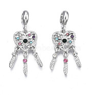 Rack Plating Alloy European Dangle Charms, with Colorful Rhinestone, Large Hole Pendants, Cadmium Free & Nickel Free & Lead Free, Woven Net/Web with Feather, Platinum, 36.5mm, Hole: 5mm, Feather: 12.5x2.5x3.5mm(MPDL-N039-062P)