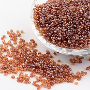 Round Glass Seed Beads, Trans. Colours Lustered, Dark Goldenrod, Size: about 4mm in diameter, hole: 1.5mm, about 496pcs/50g(X-SEED-A006-4mm-102C)