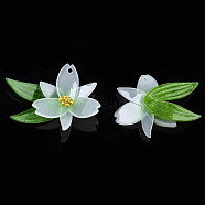 Plastic Pendants, with Golden Plated Stainless Steel Beads, Flower, Green, 22x28~29x7~8mm, Hole: 1.2mm(KY-N015-119B)