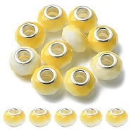 Glass European Beads, Large Hole Beads, with Silver Tone Brass Double Cores, Faceted Rondelle, Yellow, 14x9mm, Hole: 5mm(GPDL-YW0001-02B)