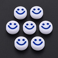 Opaque Acrylic Beads, with Enamel, Flat Round with Smile Face, Medium Blue, 10x5mm, Hole: 2mm, about 1450pcs/500g(MACR-N008-55-C02)