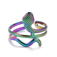 Rainbow Color Ion Plating(IP) 304 Stainless Steel Snake Chunky Open Cuff Ring for Women, US Size 6 3/4(17.1mm)(RJEW-A005-38MC)