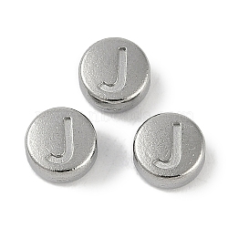 Anti-Tarnish 304 Stainless Steel Beads, Flat Round with Letter, Stainless Steel Color, Letter J, 7x3.8mm, Hole: 1.8mm(STAS-L082-019J-P)