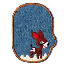Computerized Embroidery Cloth Iron on/Sew on Patches, Costume Accessories, Oval with Sika deer, Steel Blue, 11.7x8.7cm(DIY-F034-A10)