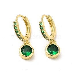 Cubic Zirconia Flat Round Dangle Hoop Earrings, Real 18K Gold Plated Brass Jewelry for Women, Cadmium Free & Nickel Free & Lead Free, Green, 21mm, Pin: 0.8mm(EJEW-E270-35G-01)