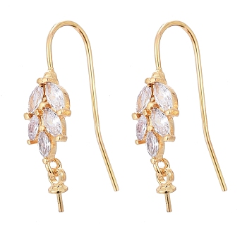Brass Micro Pave Cubic Zirconia Earring Hooks, for Half Drilled Beads, Long-Lasting Plated, Leaf, Clear, Real 18K Gold Plated, 24mm, 21 Gauge, Pin: 0.7mm