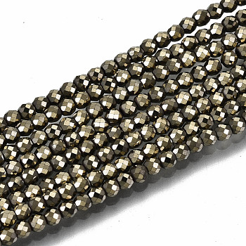 Electroplate Non-magnetic Synthetic Hematite Beads Strands, Round, Faceted, Pale Goldenrod, 2.5x2mm, Hole: 0.8mm, about 186~197pcs/strand, 14.96 inch~15.75 inch(38cm~40cm)