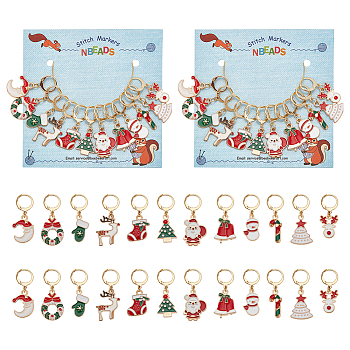 Alloy Enamel Christmas Theme Pendant Locking Stitch Markers, 304 Stainless Steel Clasps Stitch Marker, Snowflake/Reindeer/Santa Claus, Mixed Color, 3.2~3.8cm, 12 style, 1pc/style, 12pcs/set