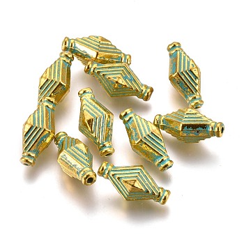 Alloy Beads, Rhombus, Lead Free & Cadmium Free, Golden & Green Patina, 13.5x7x6.5mm, Hole: 1mm