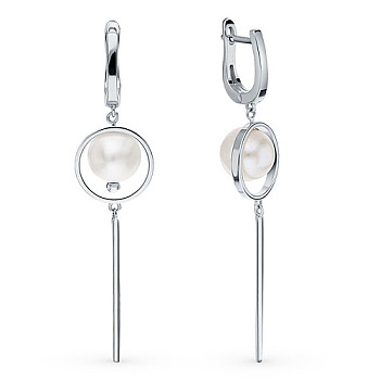 Rhodium Plated 925 Sterling Silver Geometric Dangle Hoop Earring, with Pearl Round Beads, Platinum, 65mm