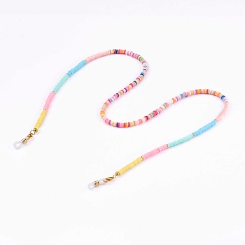Rainbow Polymer Clay Heishi Beaded Eyeglasses Chains, Neck Strap for Eyeglasses, with Brass Spacer Beads and Rubber Loop Ends, Golden, Colorful, 26.96 inch(68.5cm)