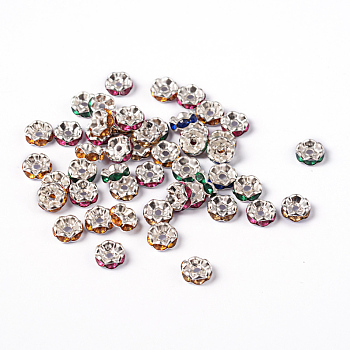 Brass Acrylic Rhinestone Spacer Beads, Wavy Edge, Silver Color Plated, Rondelle, Mixed Color, 7x3.2mm, Hole: 1mm